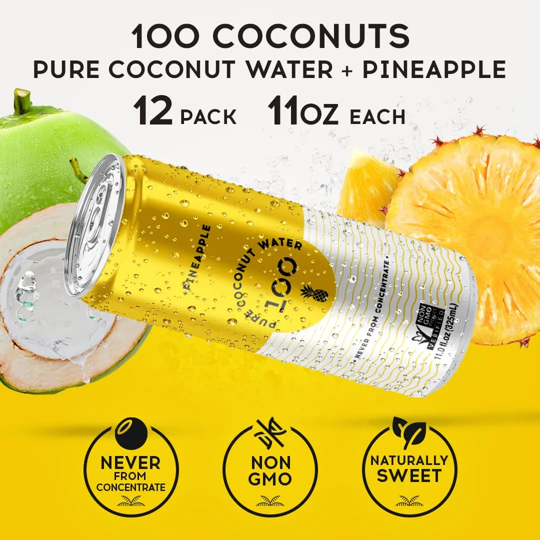 100 Coconuts Pineapple Pure Coconut-100% Pure Coconut Water - Low Calorie All-Natural Drink with Electrolytes - Naturally Sweet, no preservatives- Non-GMO, 11 fl oz, Pack of 12 (Pure Coconut Water)