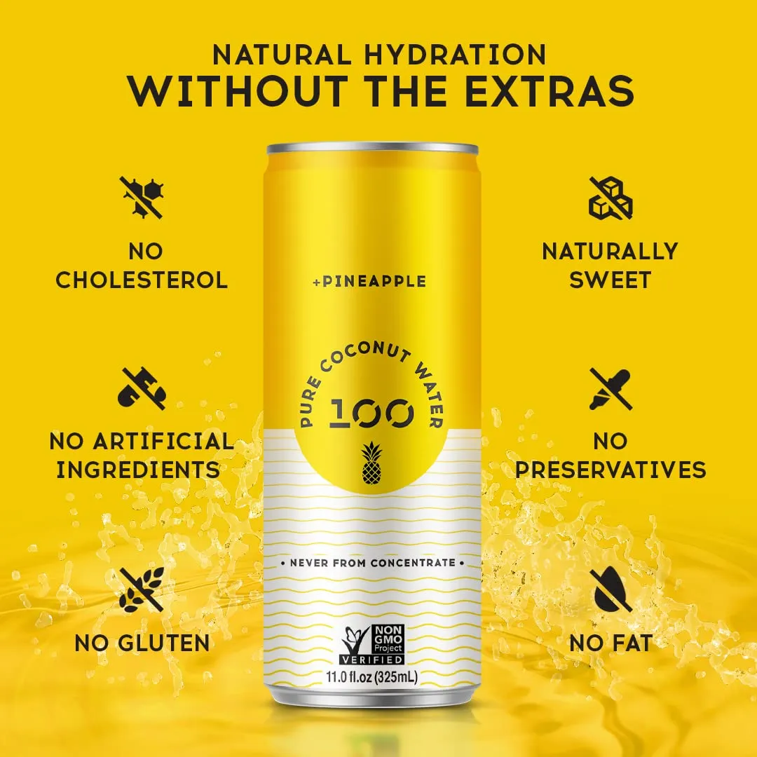 100 Coconuts Pineapple Pure Coconut-100% Pure Coconut Water - Low Calorie All-Natural Drink with Electrolytes - Naturally Sweet, no preservatives- Non-GMO, 11 fl oz, Pack of 12 (Pure Coconut Water)