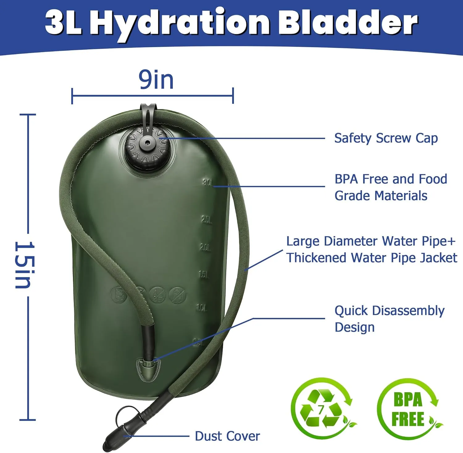 1050D Tactical Hydration Backpack with 3L Water Bladder, Military Molle Water Backpack for Men & Women, Hydration Pack for Hiking, Biking, Running, Climbing, Daily Use