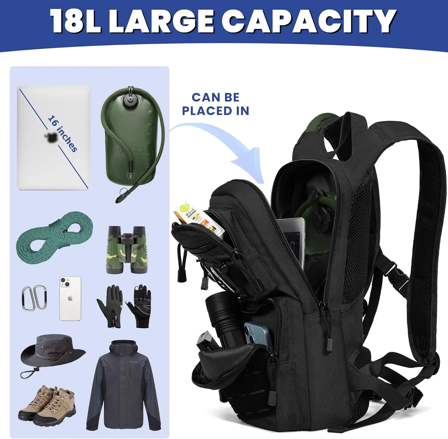 1050D Tactical Hydration Backpack with 3L Water Bladder, Military Molle Water Backpack for Men & Women, Hydration Pack for Hiking, Biking, Running, Climbing, Daily Use