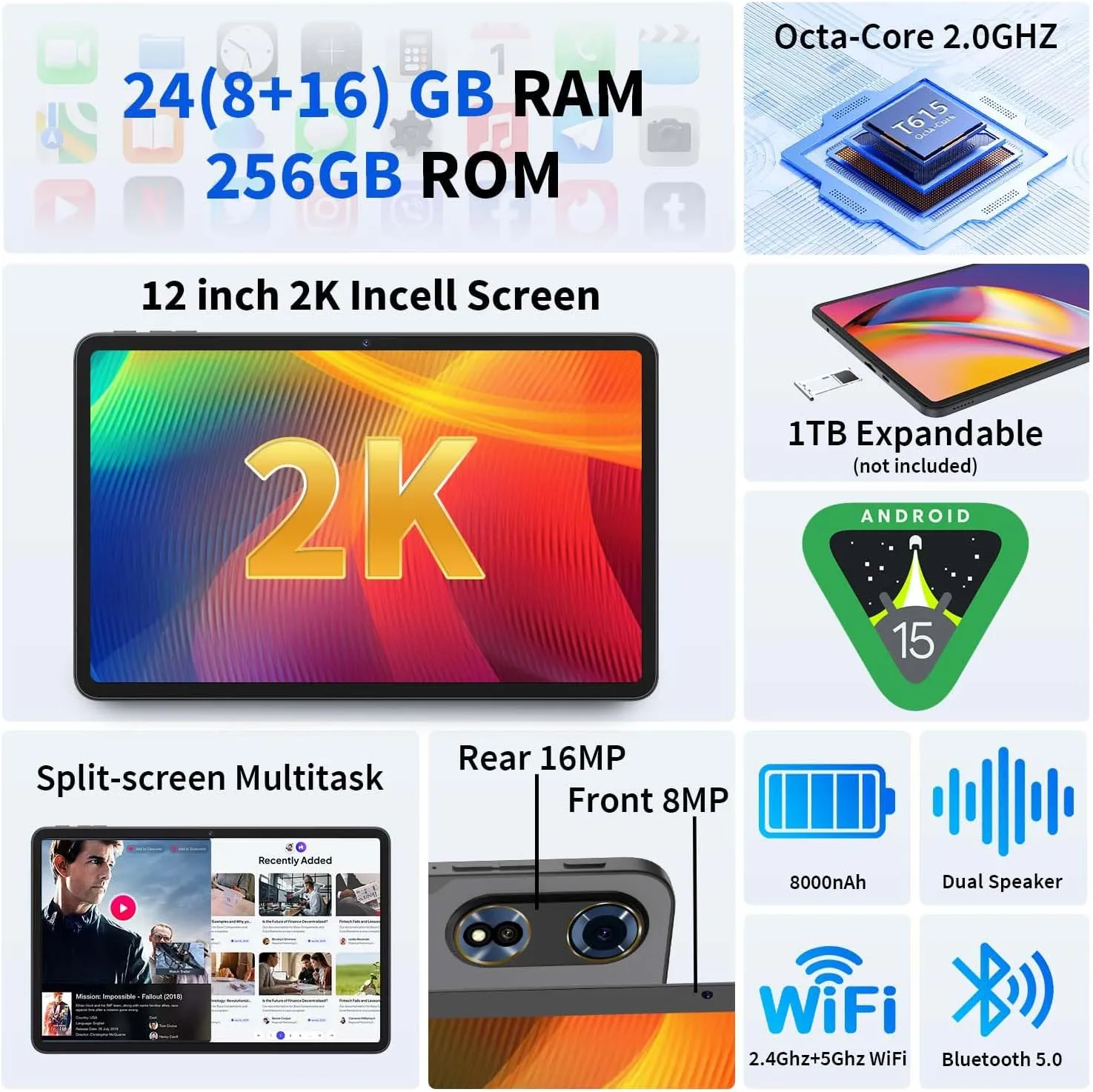 12 Inch Tablet Android 15 Tablets, 2025 Upgraded Android Tablet with Keyboard, 24GB RAM 128GB ROM(1TB Expand), Octa-Core, 2K 2000x1200 Display, 16MP Dual Camera, 8000mAh, 2.4G/5G WiFi, GPS (Black)