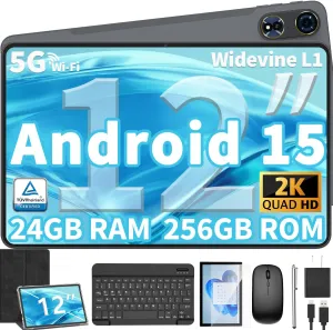 12 Inch Tablet Android 15 Tablets, 2025 Upgraded Android Tablet with Keyboard, 24GB RAM 128GB ROM(1TB Expand), Octa-Core, 2K 2000x1200 Display, 16MP Dual Camera, 8000mAh, 2.4G/5G WiFi, GPS (Black)