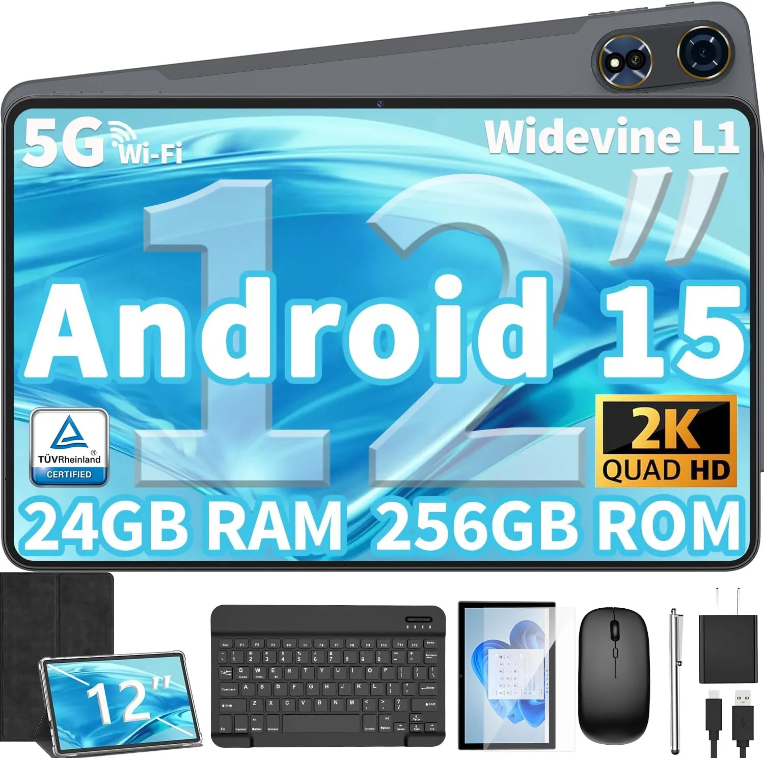 12 Inch Tablet Android 15 Tablets, 2025 Upgraded Android Tablet with Keyboard, 24GB RAM 128GB ROM(1TB Expand), Octa-Core, 2K 2000x1200 Display, 16MP Dual Camera, 8000mAh, 2.4G/5G WiFi, GPS (Black)