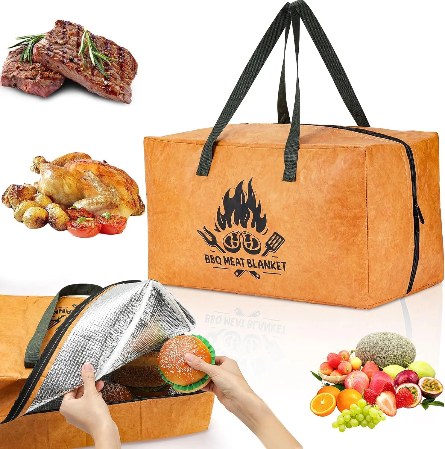 18in Large BBQ Blanket for Resting Meat Reusable Resting Blanket BBQ Meat Bag with Handle Strap & Wide Mouth Aluminum Waxed Canvas Blanket with Dual Zippers for Brisket Beef Turkey Outdoor Party