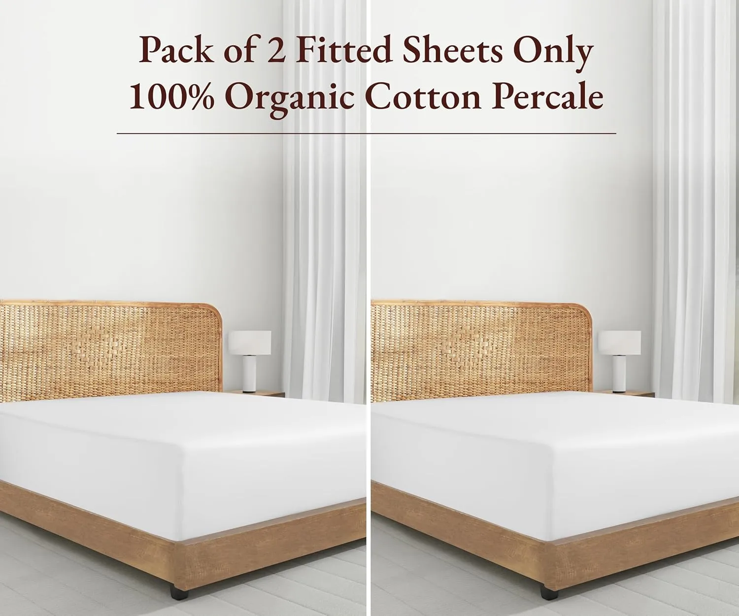 2-Pack 100% Organic Cotton Fitted Sheets Queen Size Percale Only, Soft, Crisp & Cooling, Lightweight, Snug-Fit, 2X Queen Deep Pocket Fitted Sheet Only - White