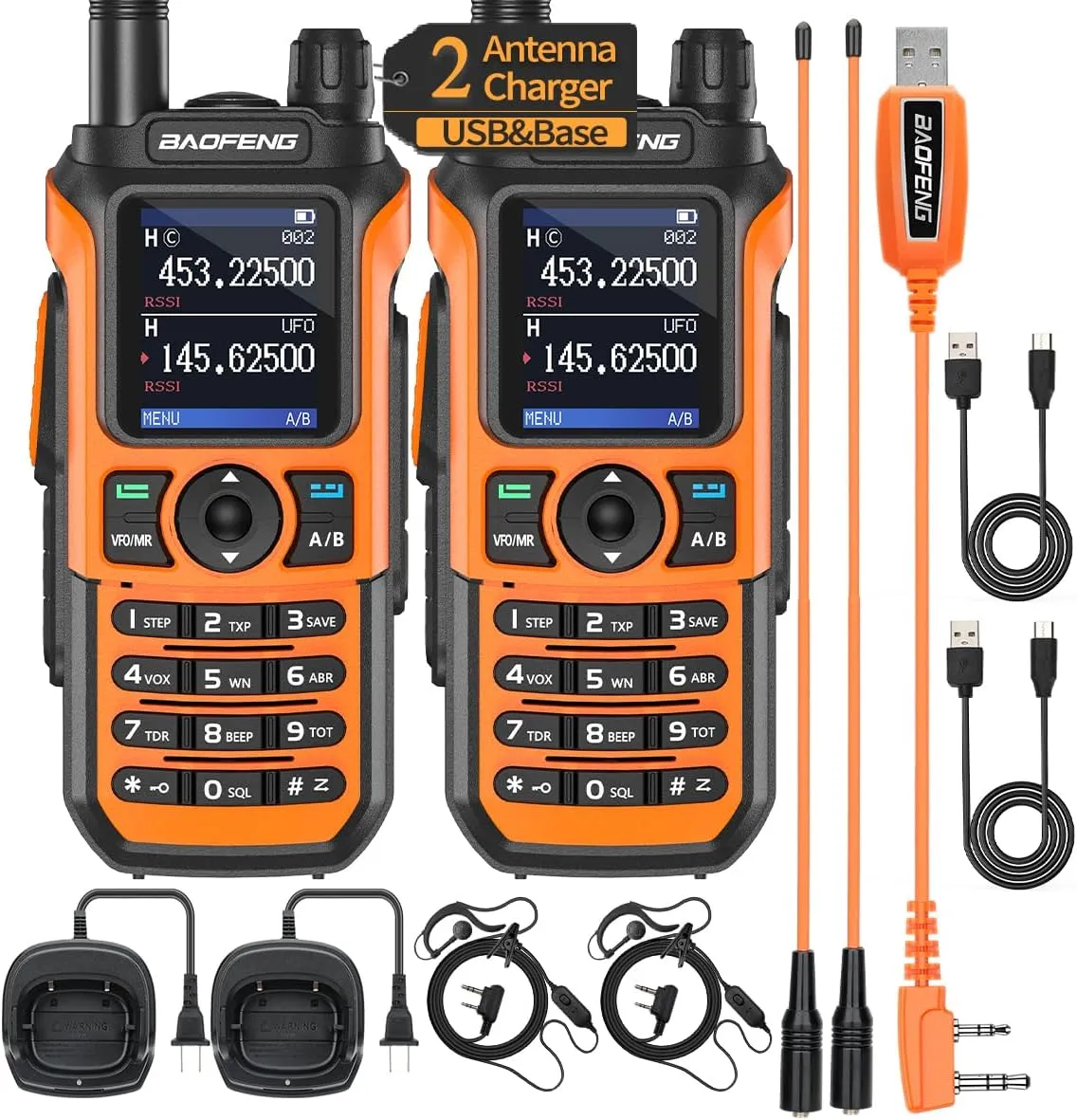 2 Pack BaoFeng UV-21R (Upgrade of UV-5R) Ham Radio Handheld Long Range Walkie Talkies UHF VHF Dual Band 2-Way Radio Full Kit with Type-C Cable,High Gain Orange Antenna and Programming Cable