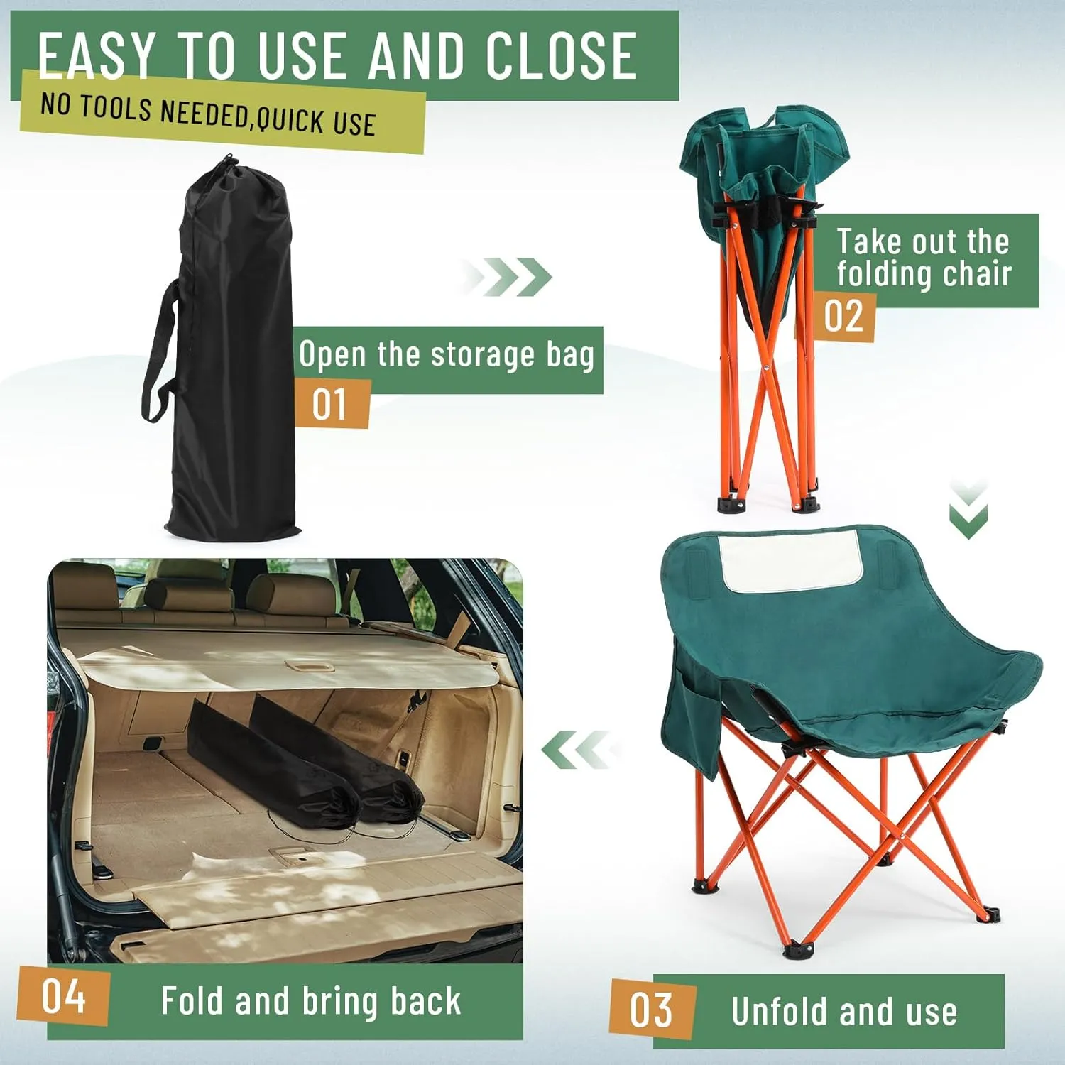 2 Pack Compact Camping Chairs Portable Folding for Outside with Carry Bag Lightweight Moon Chairs for Travel Picnic Hiking Beach Fishing, 600D Oxford, Supports 330lbs(Green)