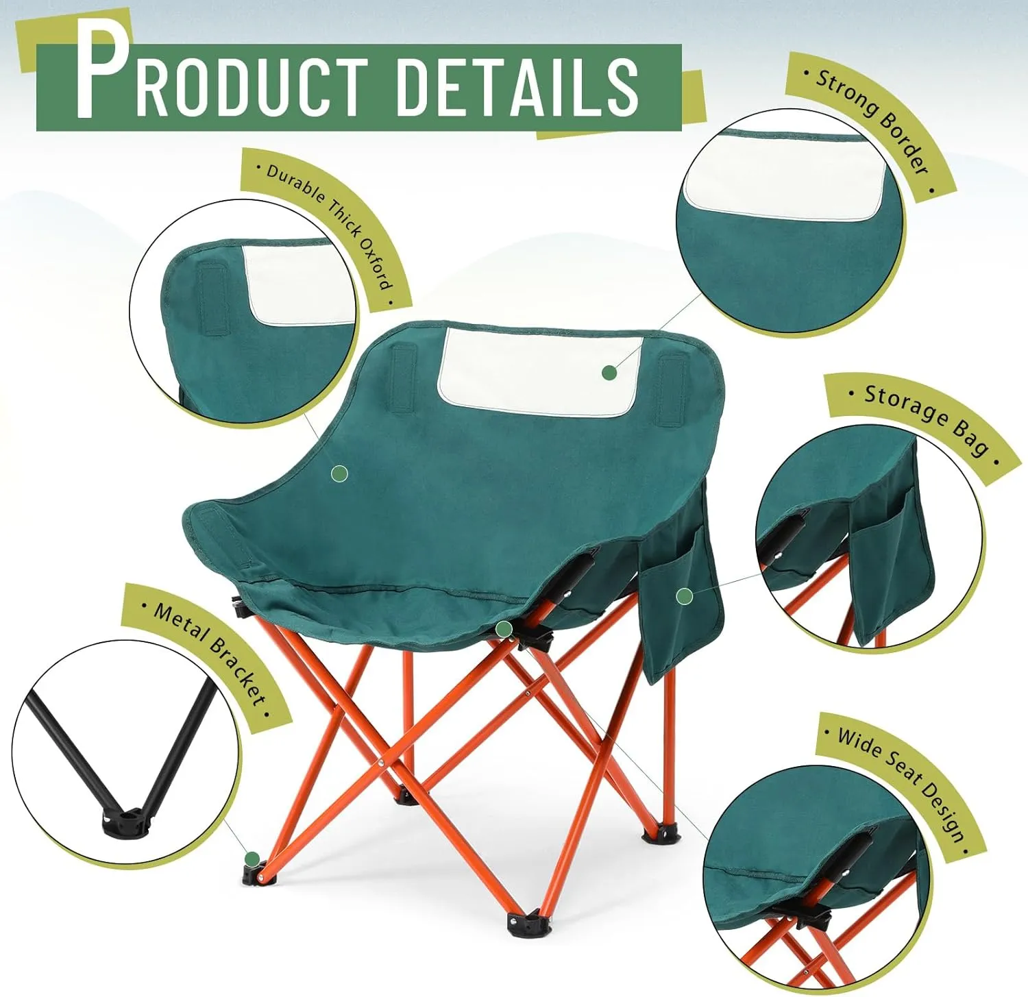2 Pack Compact Camping Chairs Portable Folding for Outside with Carry Bag Lightweight Moon Chairs for Travel Picnic Hiking Beach Fishing, 600D Oxford, Supports 330lbs(Green)