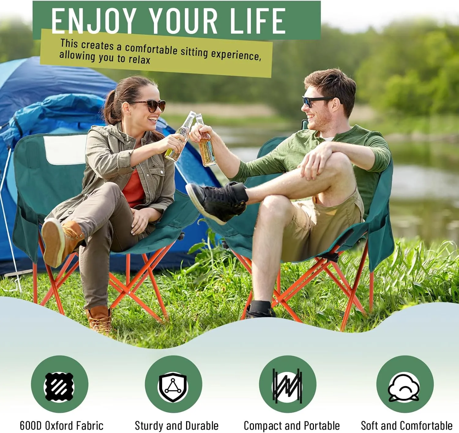 2 Pack Compact Camping Chairs Portable Folding for Outside with Carry Bag Lightweight Moon Chairs for Travel Picnic Hiking Beach Fishing, 600D Oxford, Supports 330lbs(Green)