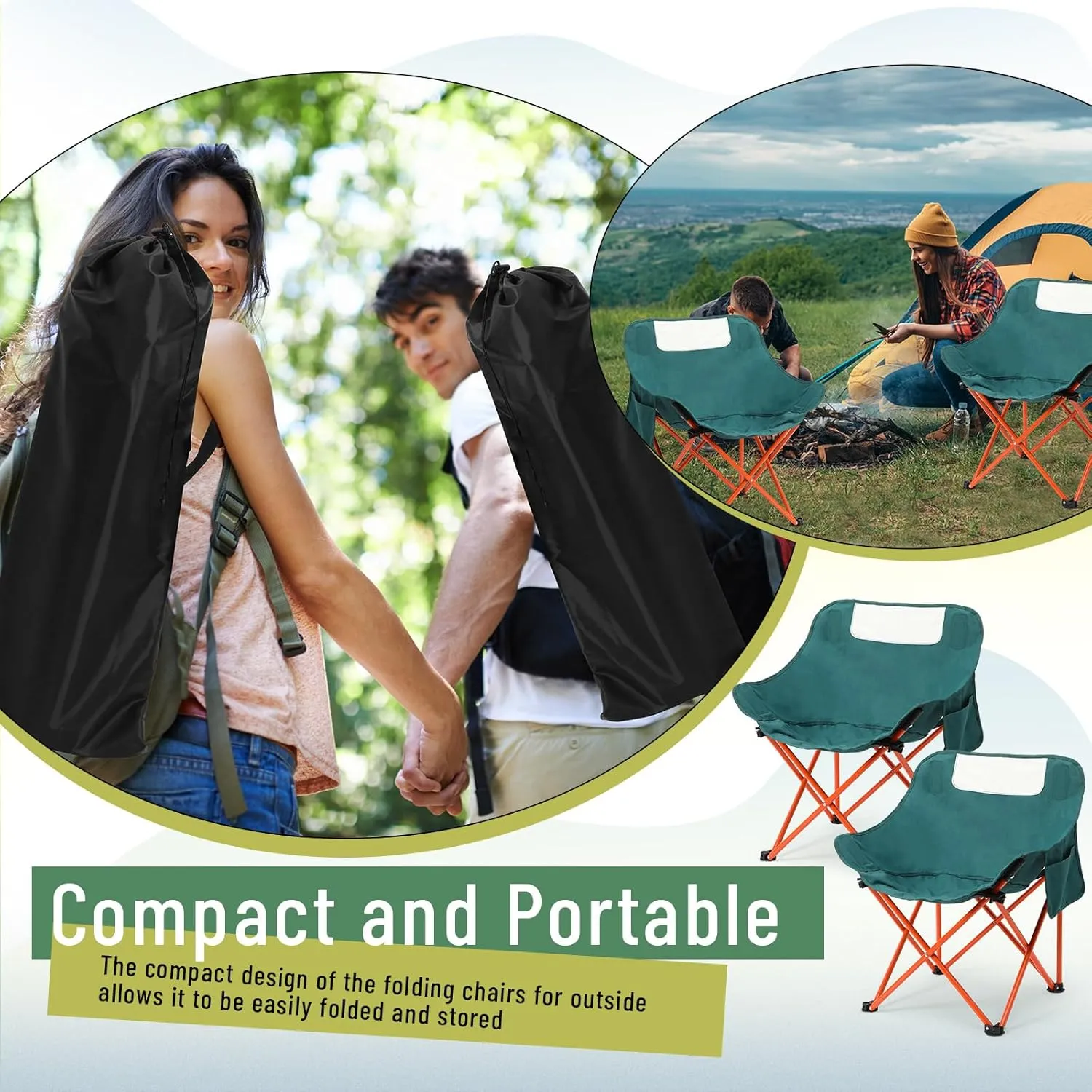 2 Pack Compact Camping Chairs Portable Folding for Outside with Carry Bag Lightweight Moon Chairs for Travel Picnic Hiking Beach Fishing, 600D Oxford, Supports 330lbs(Green)