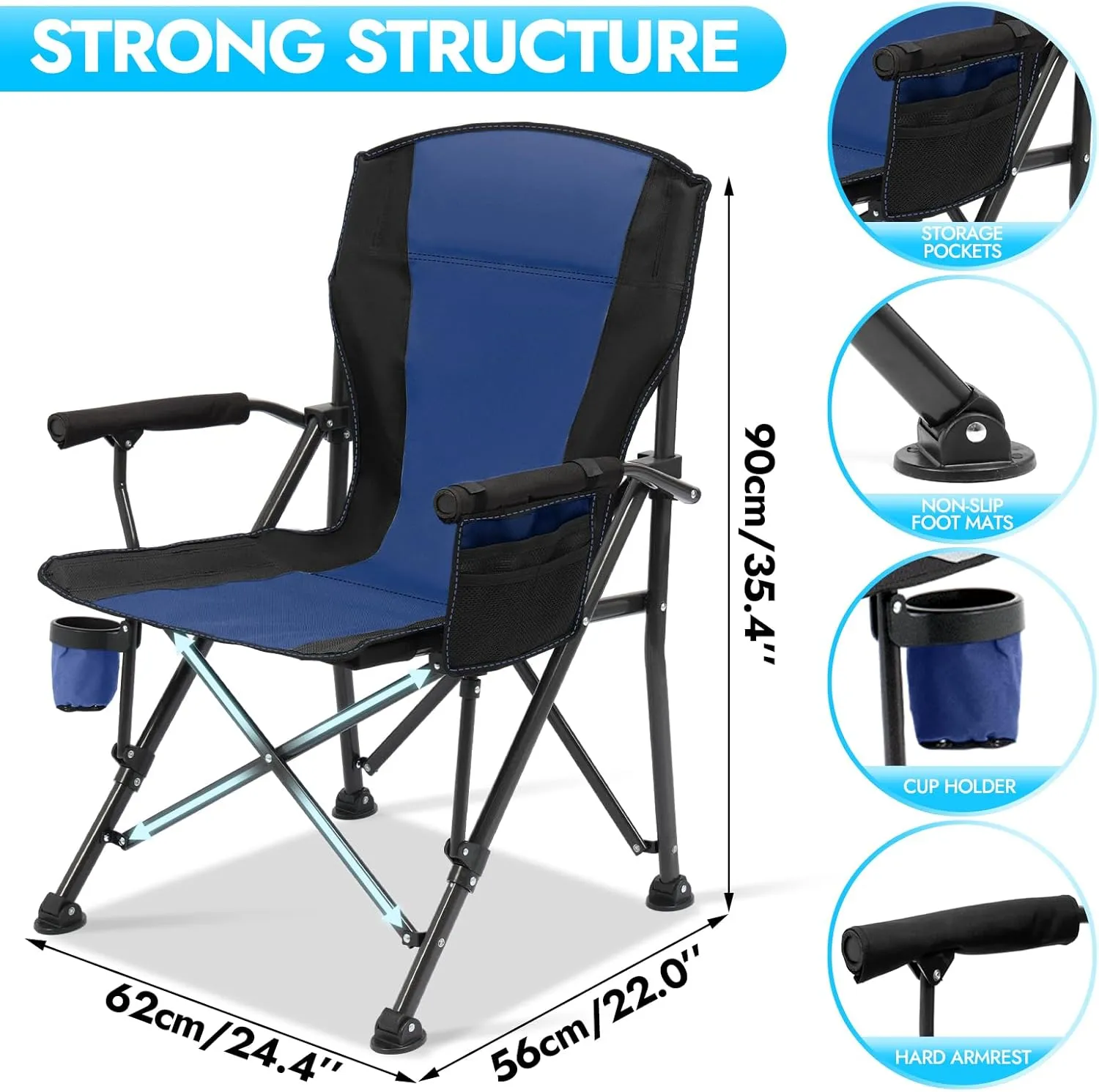 2 Pack Oversized Folding Camping Chair for Adults，Supports 450 lbs Camping Chairs，Heavy Duty Lawn Chair with Side Pockets，Outdoor Camping, Beach, Fishing, Hiking Foldable Camping Chair (Blue-Black-2)