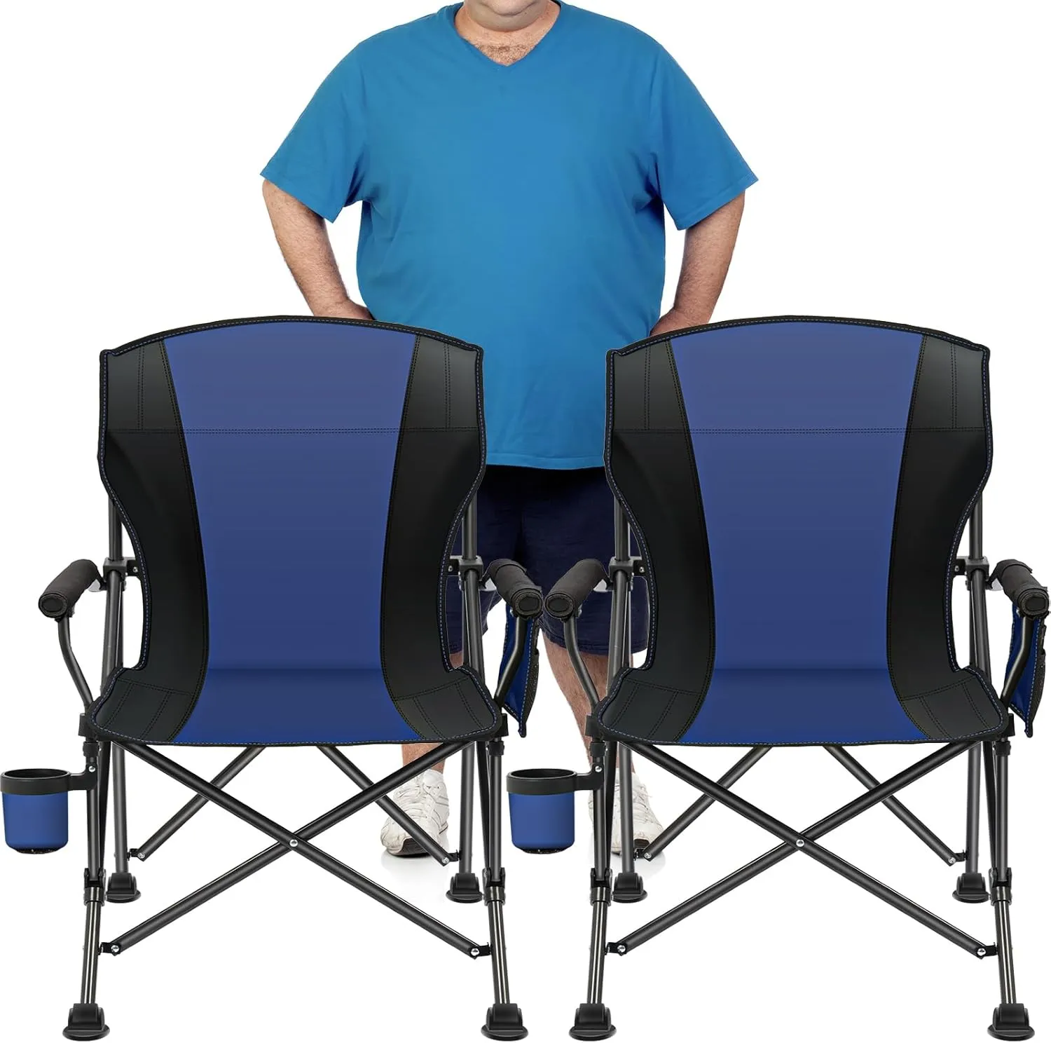 2 Pack Oversized Folding Camping Chair for Adults，Supports 450 lbs Camping Chairs，Heavy Duty Lawn Chair with Side Pockets，Outdoor Camping, Beach, Fishing, Hiking Foldable Camping Chair (Blue-Black-2)