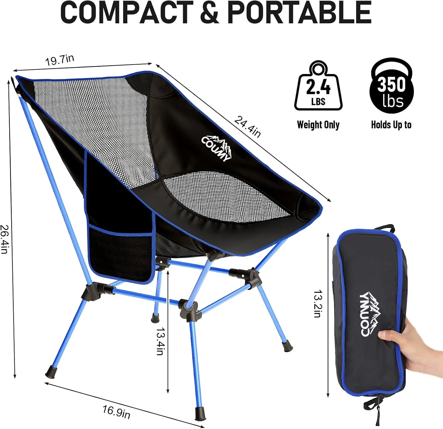 2 Pack Portable Camping Chair,Ultralight Compact Folding Chairs Aluminum Alloy Outdoor Lawn Chair with Side Pockets for Camping Hiking Fishing,Support up to 330lbs(Blue)
