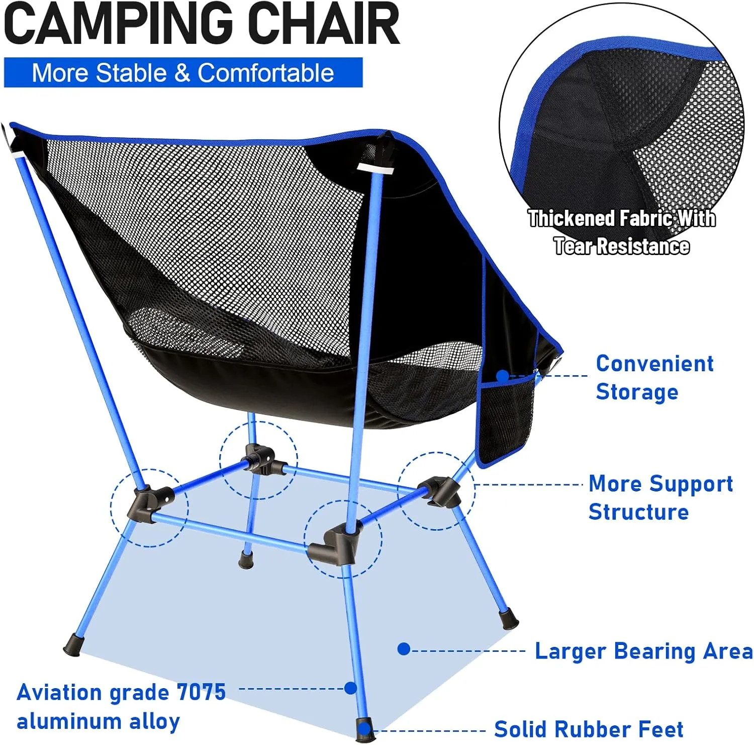 2 Pack Portable Camping Chair,Ultralight Compact Folding Chairs Aluminum Alloy Outdoor Lawn Chair with Side Pockets for Camping Hiking Fishing,Support up to 330lbs(Blue)