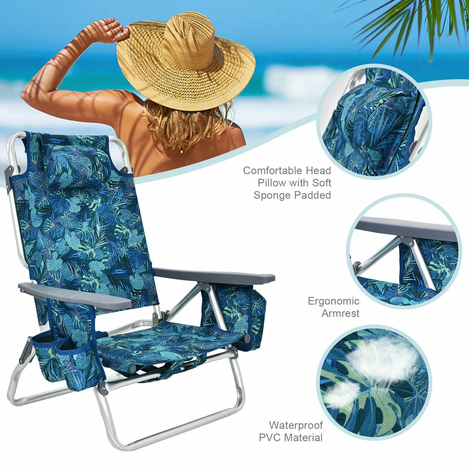 2 Packs 5-Position Outdoor Folding Backpack Beach Table Chair Reclining Chair Set