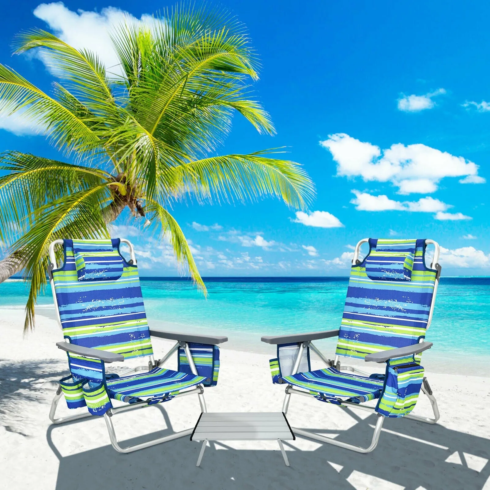 2 Packs 5-Position Outdoor Folding Backpack Beach Table Chair Reclining Chair Set