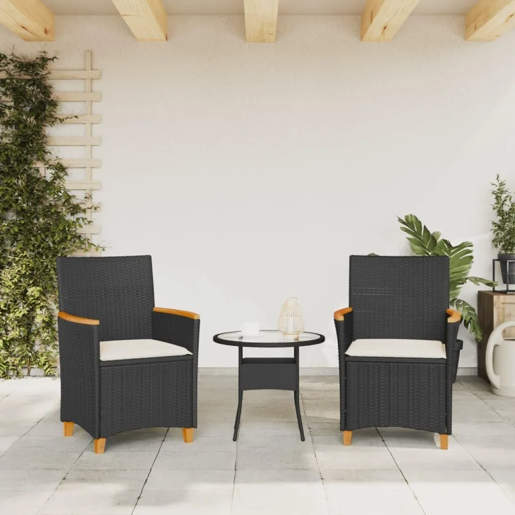 2-Piece Black Poly Rattan Patio Chairs with Cream Cushions Outdoor Furniture Set, Acacia Wood & Steel Frame Lounge Chairs for Backyard, Poolside, Deck, Garden