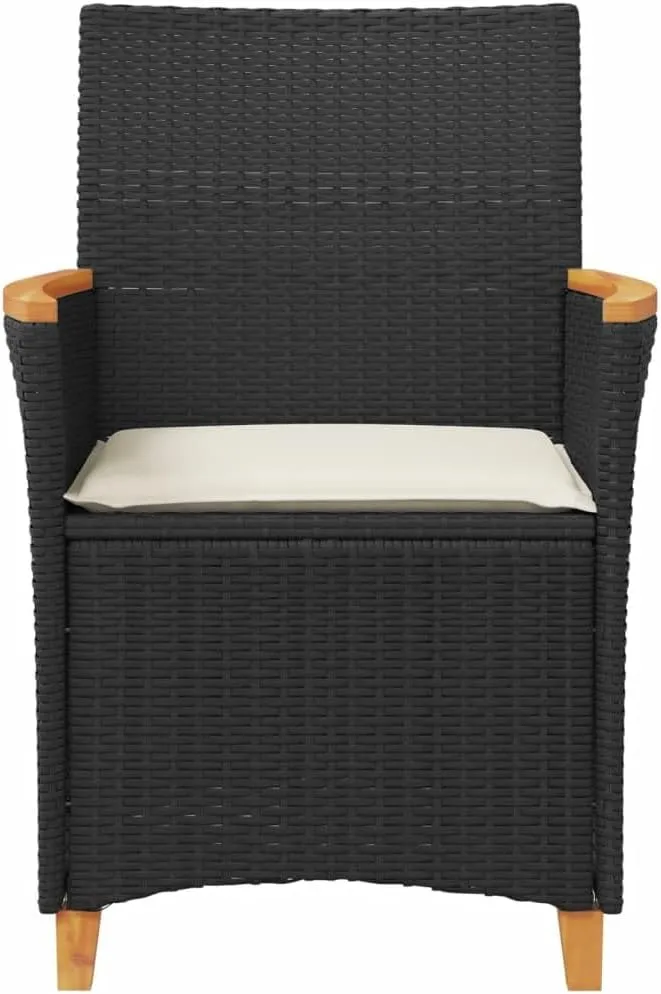 2-Piece Black Poly Rattan Patio Chairs with Cream Cushions Outdoor Furniture Set, Acacia Wood & Steel Frame Lounge Chairs for Backyard, Poolside, Deck, Garden
