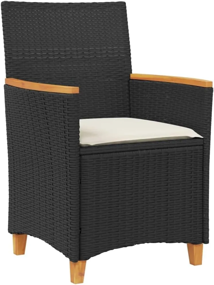 2-Piece Black Poly Rattan Patio Chairs with Cream Cushions Outdoor Furniture Set, Acacia Wood & Steel Frame Lounge Chairs for Backyard, Poolside, Deck, Garden