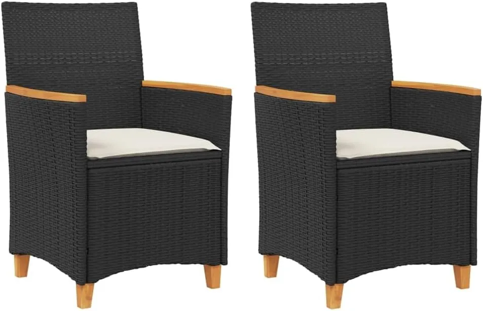 2-Piece Black Poly Rattan Patio Chairs with Cream Cushions Outdoor Furniture Set, Acacia Wood & Steel Frame Lounge Chairs for Backyard, Poolside, Deck, Garden