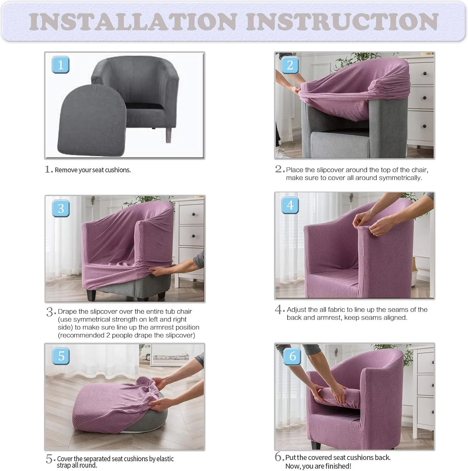 2 Piece Tub Chair Covers with Cushion Cover, Stretch Jacquard Furniture Cover,Armchair Protector Slipcover Removable Machine Washable (Light Gray)