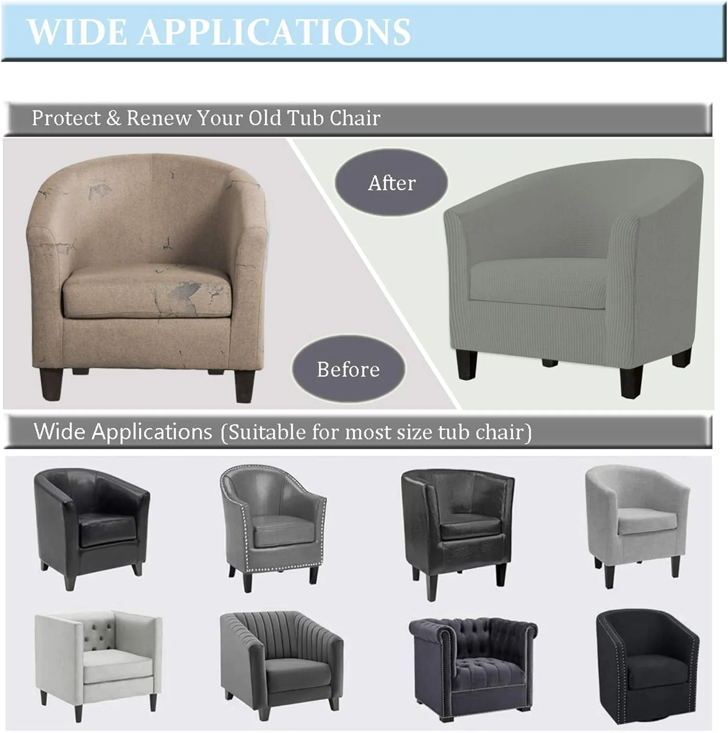 2 Piece Tub Chair Covers with Cushion Cover, Stretch Jacquard Furniture Cover,Armchair Protector Slipcover Removable Machine Washable (Light Gray)