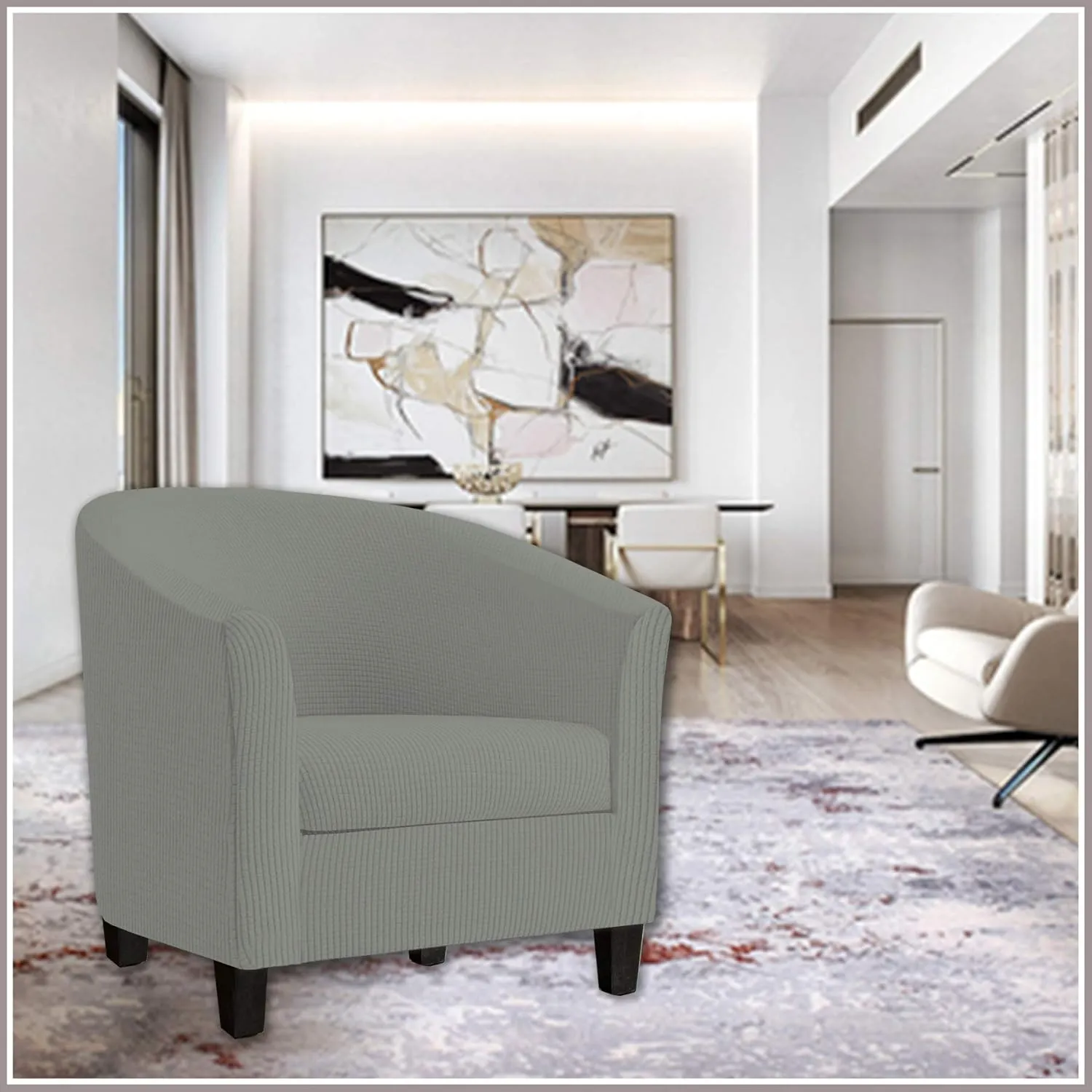 2 Piece Tub Chair Covers with Cushion Cover, Stretch Jacquard Furniture Cover,Armchair Protector Slipcover Removable Machine Washable (Light Gray)
