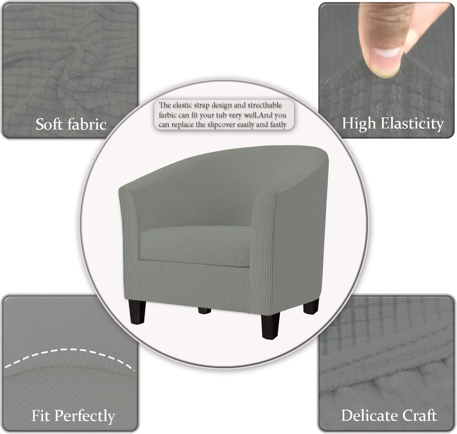 2 Piece Tub Chair Covers with Cushion Cover, Stretch Jacquard Furniture Cover,Armchair Protector Slipcover Removable Machine Washable (Light Gray)