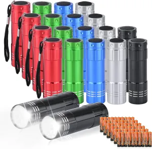 20 Pack of Flashlights 9 LED Mini Aluminum Flashlight Bulk with Lanyard 60 AAA Batteries Included Assorted Colors Handheld Flashlights for Hurricane Supplies Camping, Night Reading, Cycling