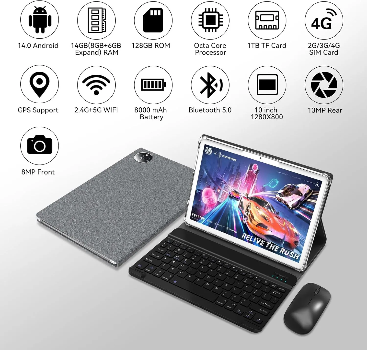 2025 Latest Android 14 Tablet 10 inch with 128GB Rom 14GB Ram 2TB Expand, 4G Cellular Tablets with Dual Sim Slot, 2 in 1 Tablet with Case/Keyboard/Mouse, 5G&2.4G Wifi, Octa-Core GPS 8000mAh (Silver)
