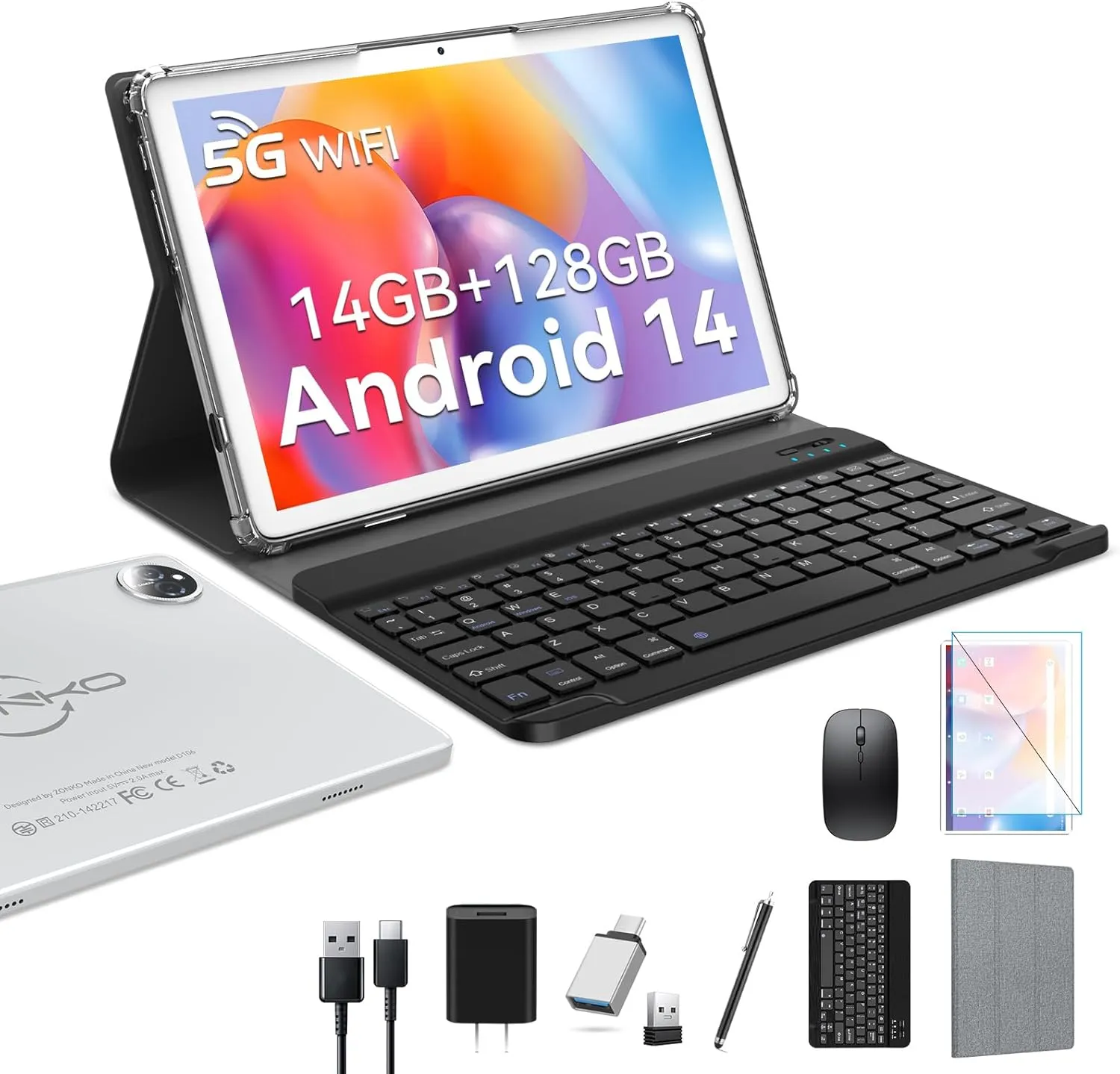 2025 Latest Android 14 Tablet 10 inch with 128GB Rom 14GB Ram 2TB Expand, 4G Cellular Tablets with Dual Sim Slot, 2 in 1 Tablet with Case/Keyboard/Mouse, 5G&2.4G Wifi, Octa-Core GPS 8000mAh (Silver)