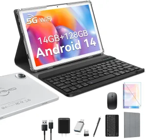 2025 Latest Android 14 Tablet 10 inch with 128GB Rom 14GB Ram 2TB Expand, 4G Cellular Tablets with Dual Sim Slot, 2 in 1 Tablet with Case/Keyboard/Mouse, 5G&2.4G Wifi, Octa-Core GPS 8000mAh (Silver)
