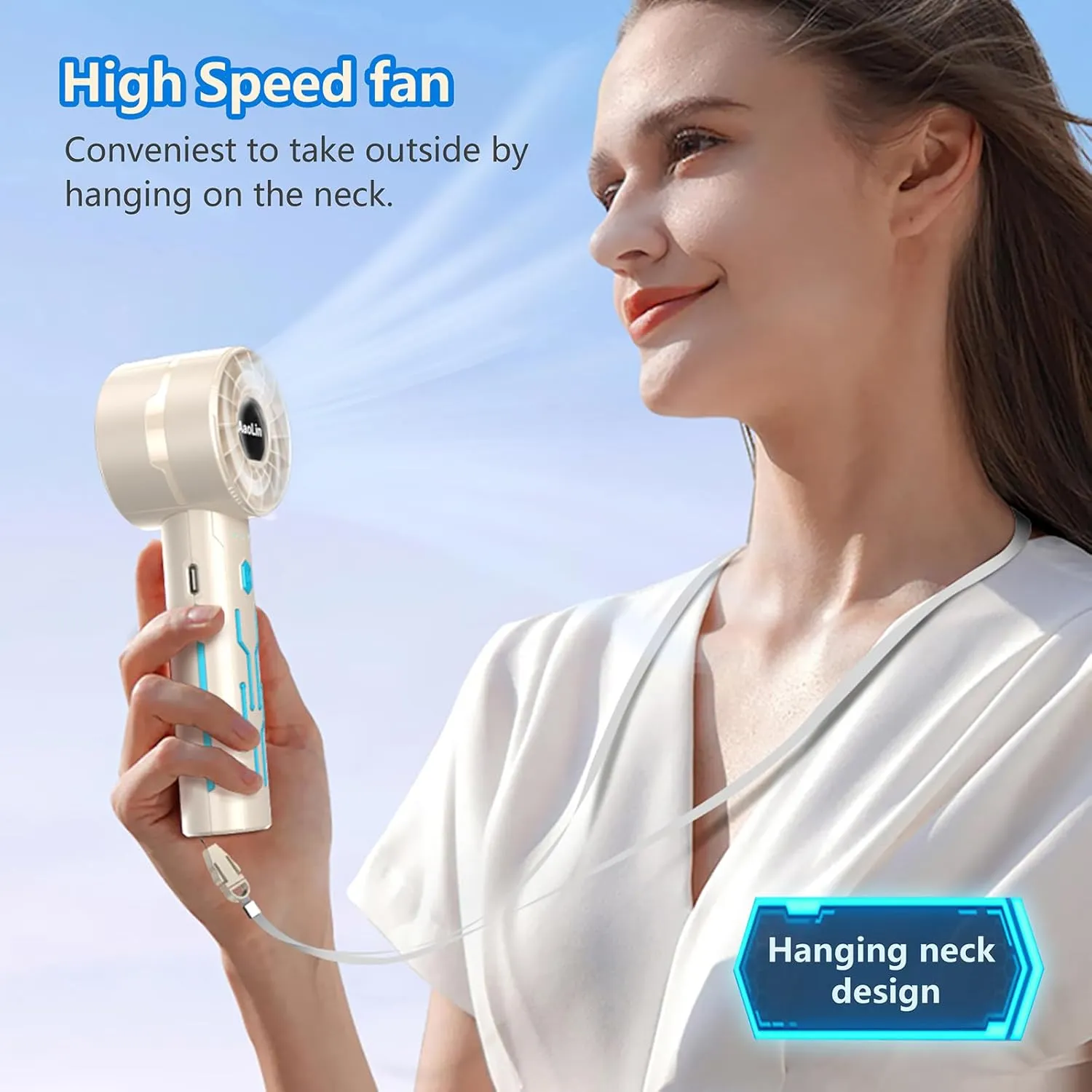 2pcs Portable Handheld Turbo Fan with 7000rpm High-Speed Motor USB Rechargeable Cooling Personal Fan 4-Speed, 4-16H Runtime, with Lanyard for Outdoor Travel, Women, Kids, Summer Gift