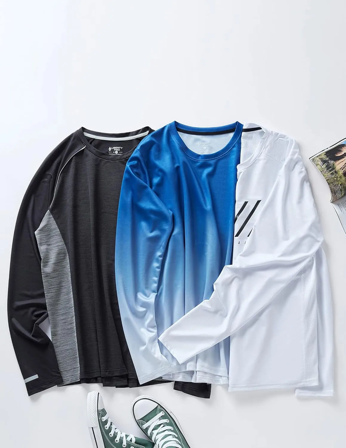 3 Pack: Men's Dry Fit Long Sleeve T Shirts, Lightweight Athletic Performance Tops with Thumb Holes Hiking