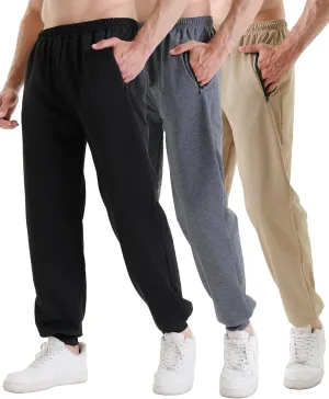 3 Pack Sweatpants for Men Athletic Gym Workout Mens Joggers with Zipper Pockets Active Running Pants
