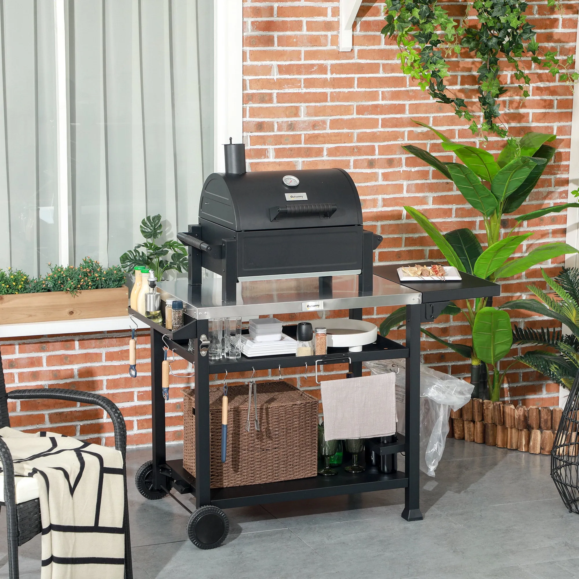 3-Tier Outdoor Grill Cart with Foldable Side Table, Pizza Oven Stand & Wheels, Black
