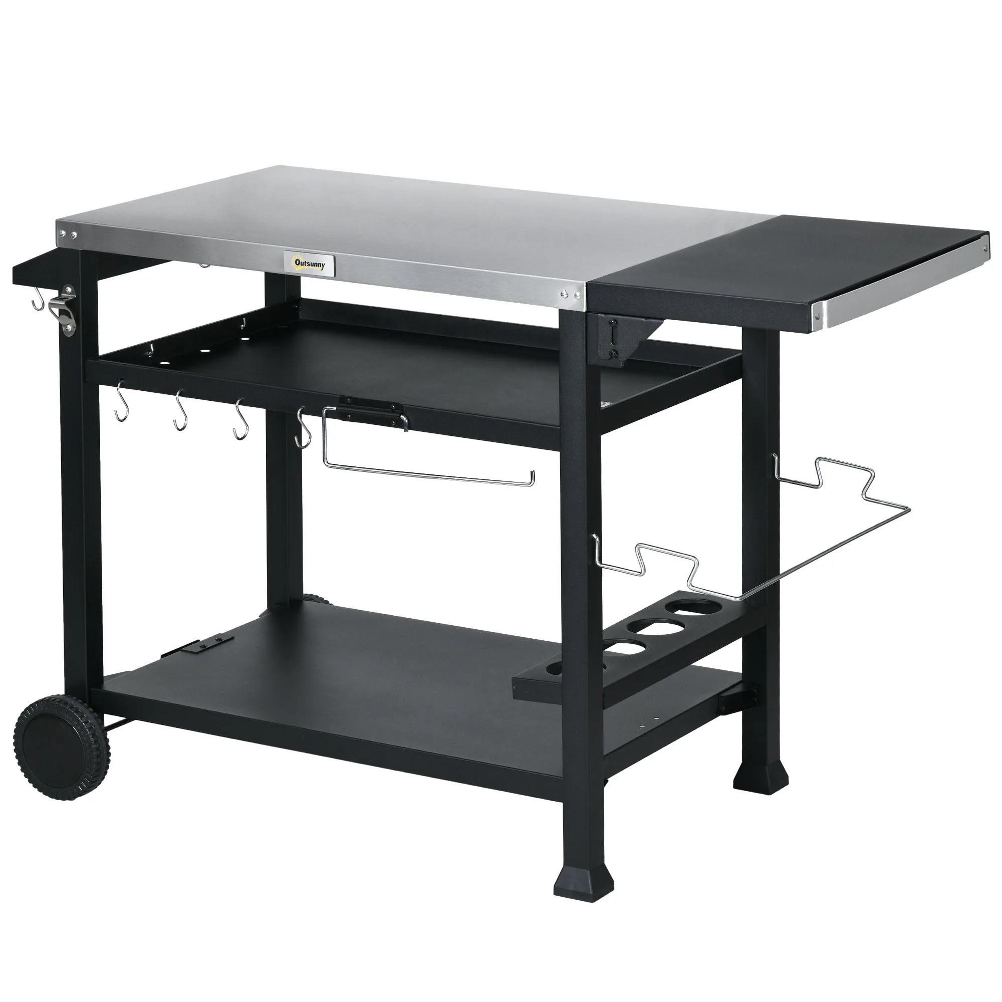 3-Tier Outdoor Grill Cart with Foldable Side Table, Pizza Oven Stand & Wheels, Black