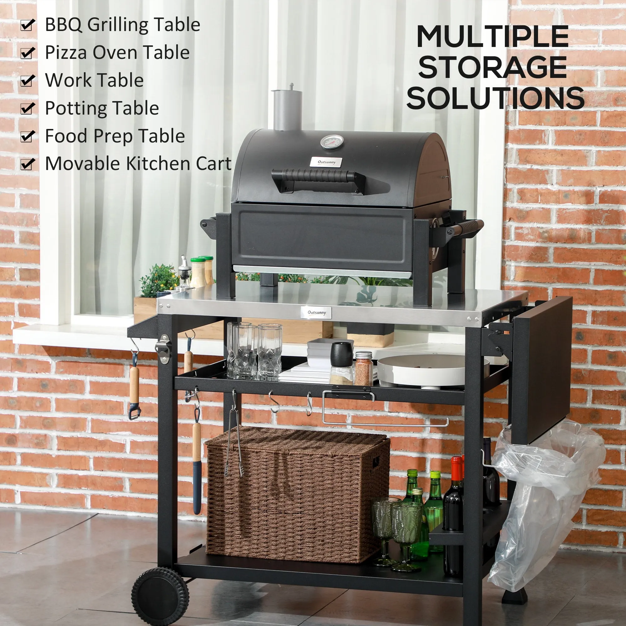 3-Tier Outdoor Grill Cart with Foldable Side Table, Pizza Oven Stand & Wheels, Black