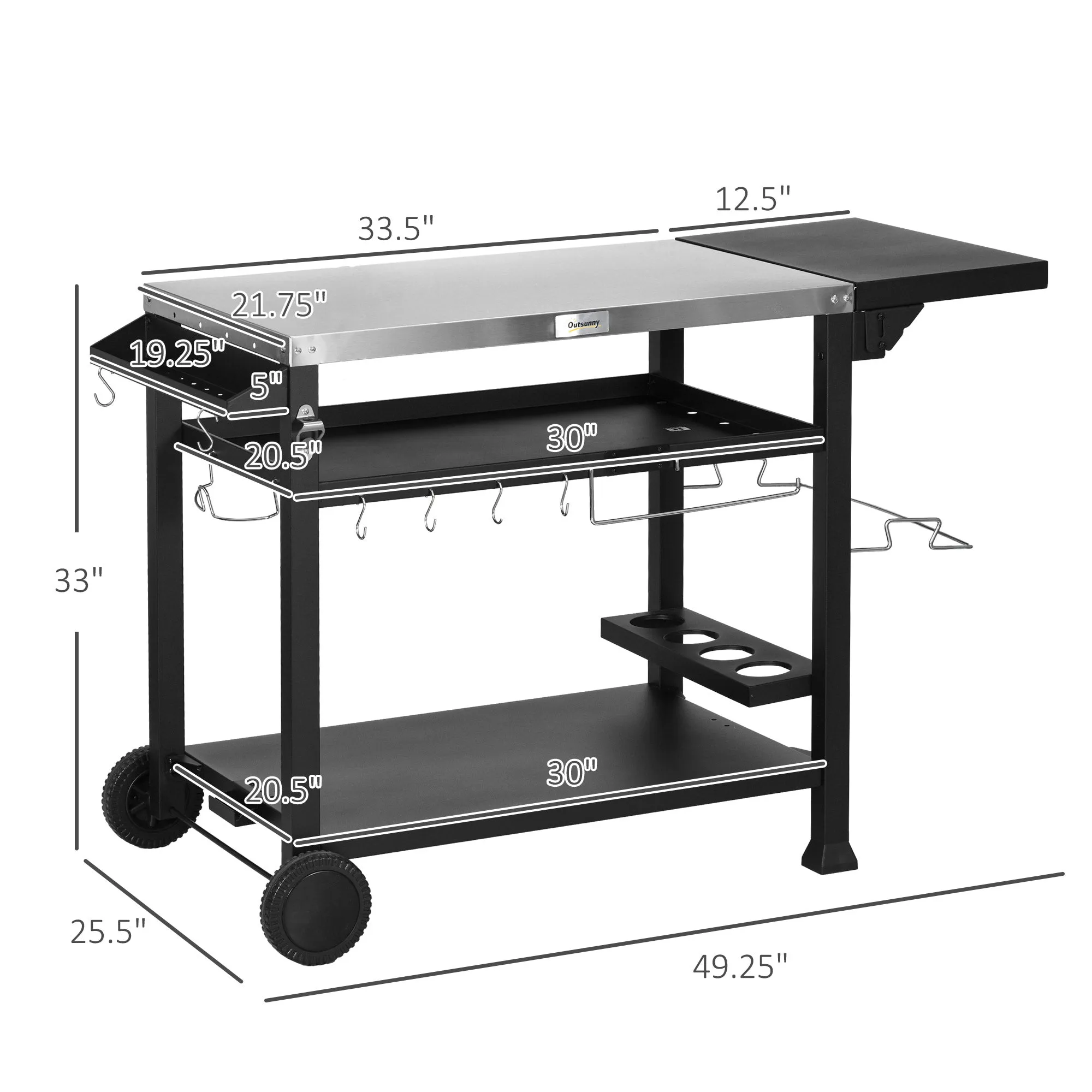 3-Tier Outdoor Grill Cart with Foldable Side Table, Pizza Oven Stand & Wheels, Black