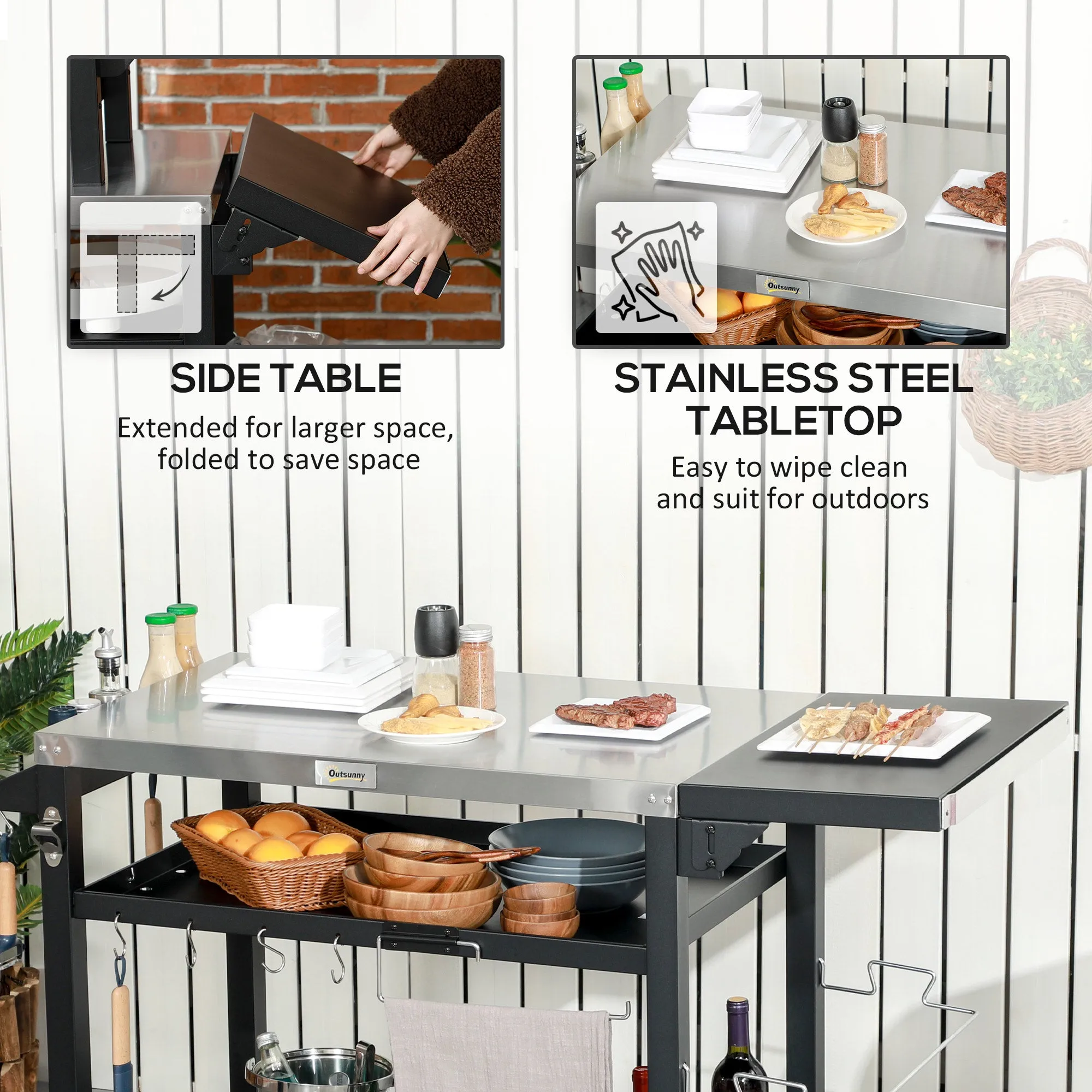 3-Tier Outdoor Grill Cart with Foldable Side Table, Pizza Oven Stand & Wheels, Black