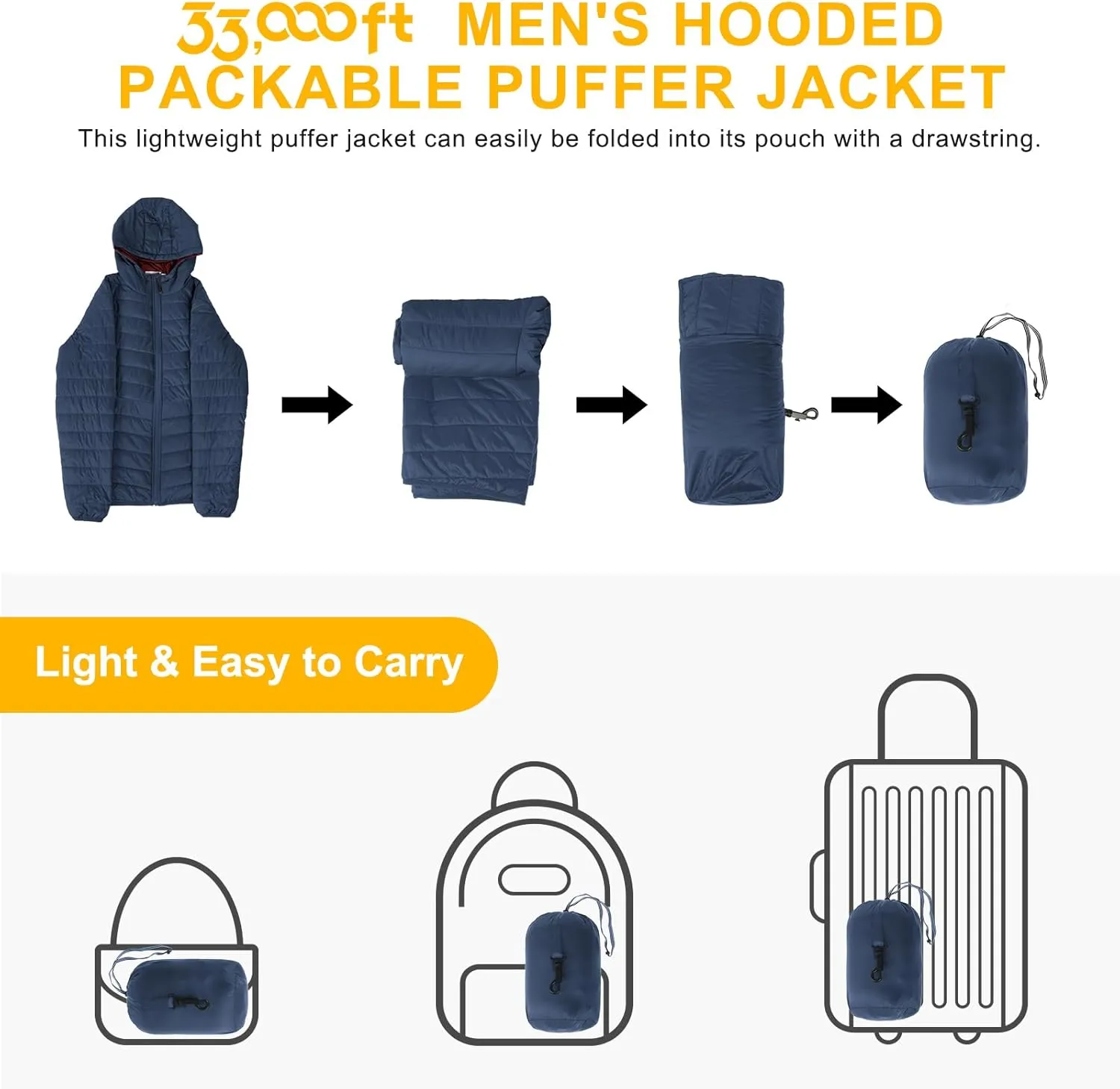 33,000ft Men's Lightweight Packable Insulated Puffer Winter Jacket with Hood, Water-Resistant Down Alternative Puffy Coat