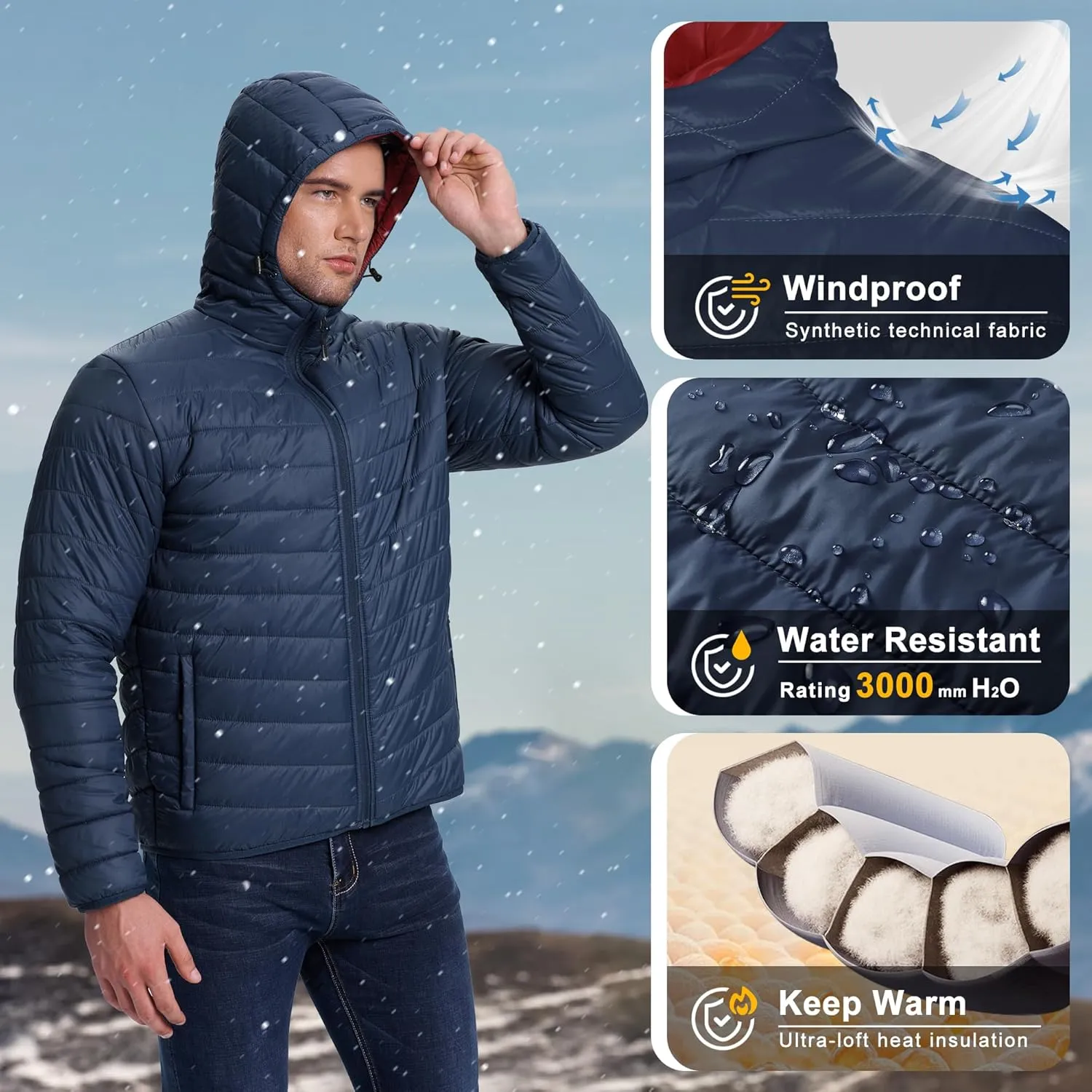 33,000ft Men's Lightweight Packable Insulated Puffer Winter Jacket with Hood, Water-Resistant Down Alternative Puffy Coat