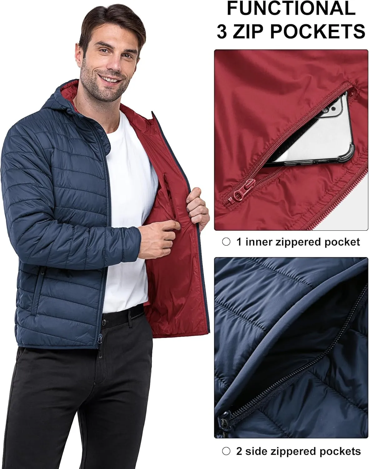 33,000ft Men's Lightweight Packable Insulated Puffer Winter Jacket with Hood, Water-Resistant Down Alternative Puffy Coat