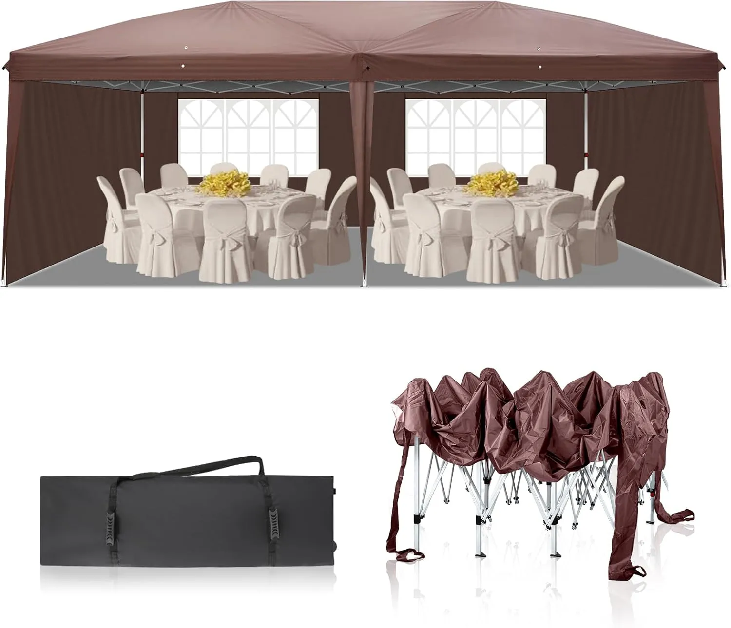 3x6m Waterproof Folding Tent for Camping & Outdoor Events - Dark Coffee, 2 Windows, Instant Setup, 210D Oxford Fabric, Steel Frame, Carry Bag Included