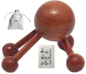 4 Legs Ball Spider Massager Handheld Stick for Shoulder, Back & Full Body Thai Wooden Trigger Point Reflexology Massage Tool w/Cloth Bag and Massage Manual