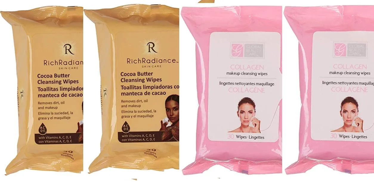 4 Pack Rich Radiance(2 Cocoa Butter 2 Collagen Makeup Cleansing Wipes)30 ct each