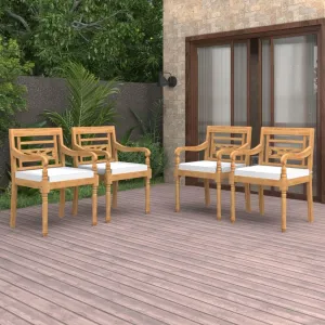 4-Piece Batavia Chairs Set with Cream Cushions, Solid Teak Wood Outdoor Patio Furniture for Poolside, Beach, Backyard and Garden Decor, Weather-Resistant Lounge Chairs with Carved Accents