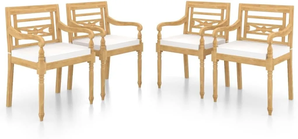 4-Piece Batavia Chairs Set with Cream Cushions, Solid Teak Wood Outdoor Patio Furniture for Poolside, Beach, Backyard and Garden Decor, Weather-Resistant Lounge Chairs with Carved Accents