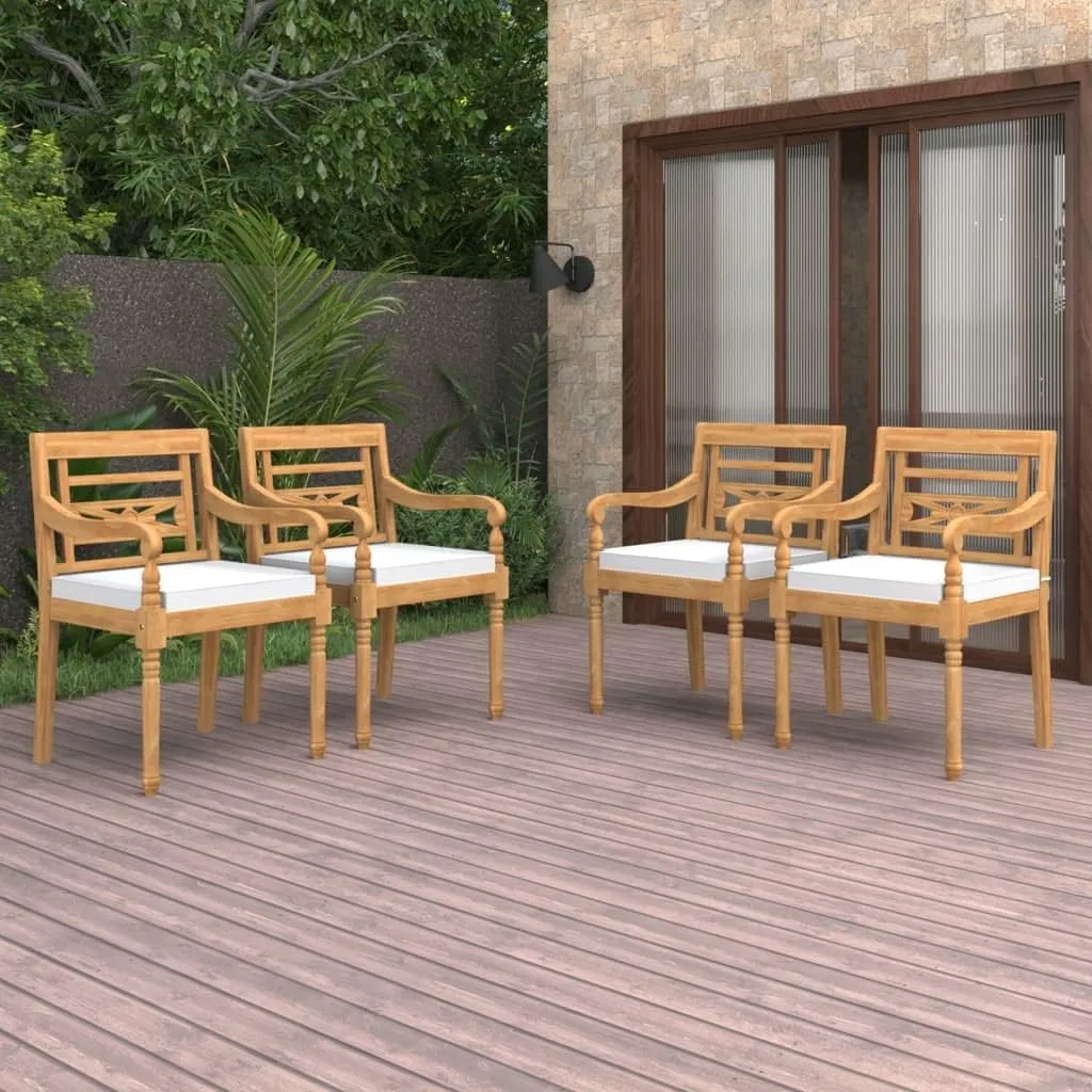 4-Piece Batavia Chairs Set with Cream Cushions, Solid Teak Wood Outdoor Patio Furniture for Poolside, Beach, Backyard and Garden Decor, Weather-Resistant Lounge Chairs with Carved Accents