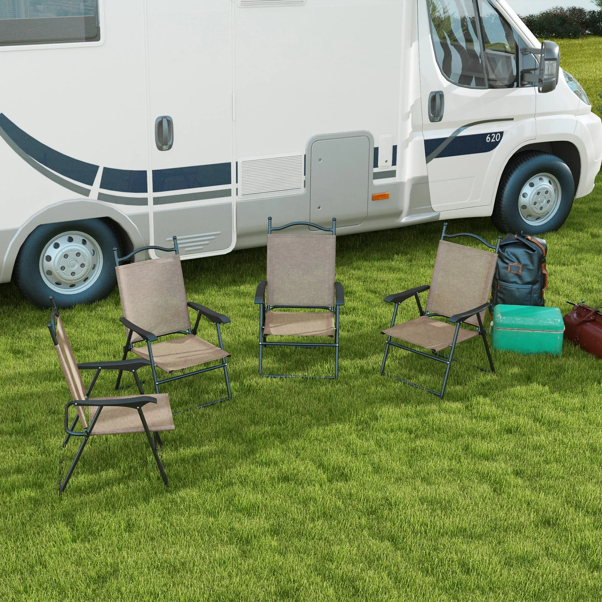 4-Piece Folding Chairs with Armrests & Mesh Seat for Patio, Camping, Lawn, Brown